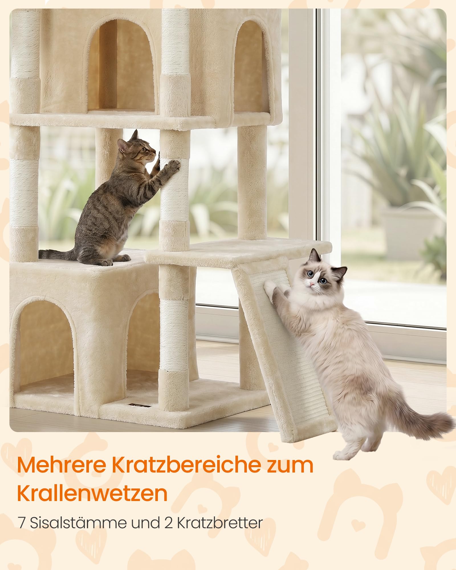 Feandrea Kratzbaum groß, 184,5 cm hoch, Katzenbaum, Katzenkratzbaum, mit 7 Kratzsäulen, 2 Kratzbrettern, 2 große liegefläche, 2 Höhlen, Hängematte, Plüsch, beige PCT014Y101