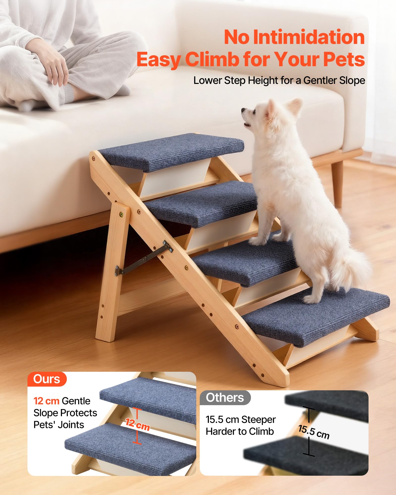 VEVOR Hundetreppe 630x470x490 mm, 4-stufige Hautiertreppe, klappbare Holztreppe geeignet für kleine, mittlere, große, ältere Haustiere sowie Welpen bis 68 kg, Hundeleiter für Betten, Sofas & Autos