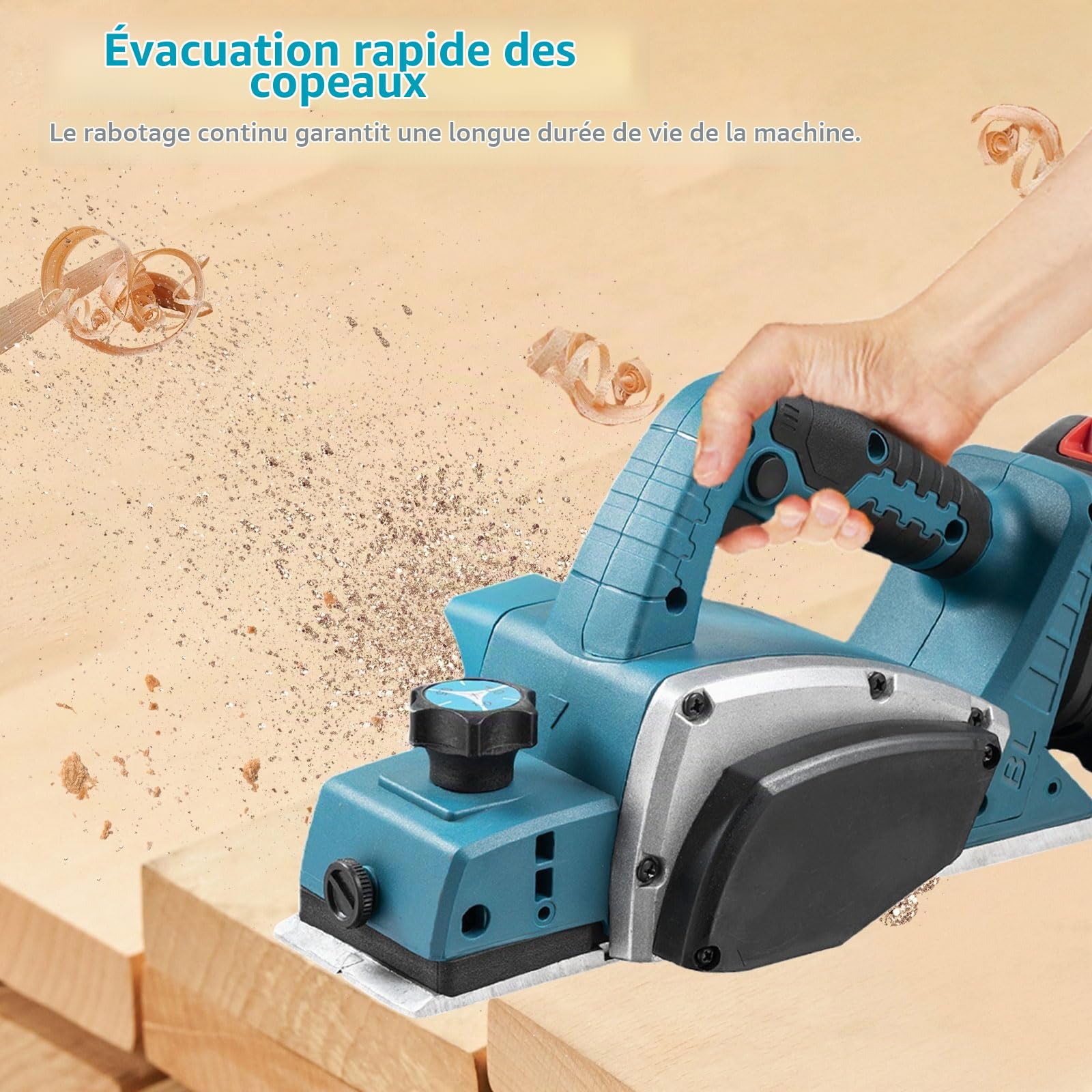 Raboteuse sans fil compatible avec batterie Makita 18 V, 15 000 tr/min, rabot électrique sans balais avec 82 mm de largeur, profondeur réglable de 0 à 2 mm pour meubles de travail du bois (sans