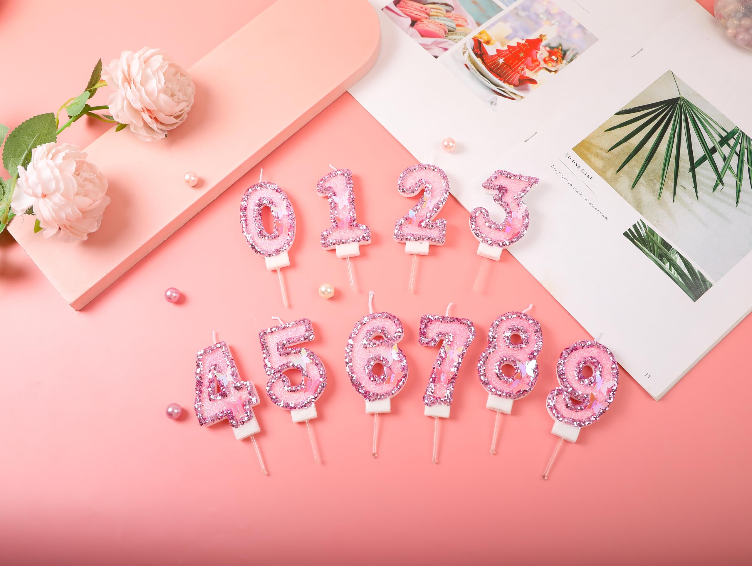 Birthday Number Candle, 2.87in Pink Glittering