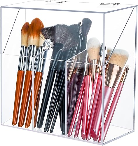 Soporte acrílico para brochas de maquillaje con tapa, organizador de brochas de maquillaje cosmético transparente y caja de almacenamiento con