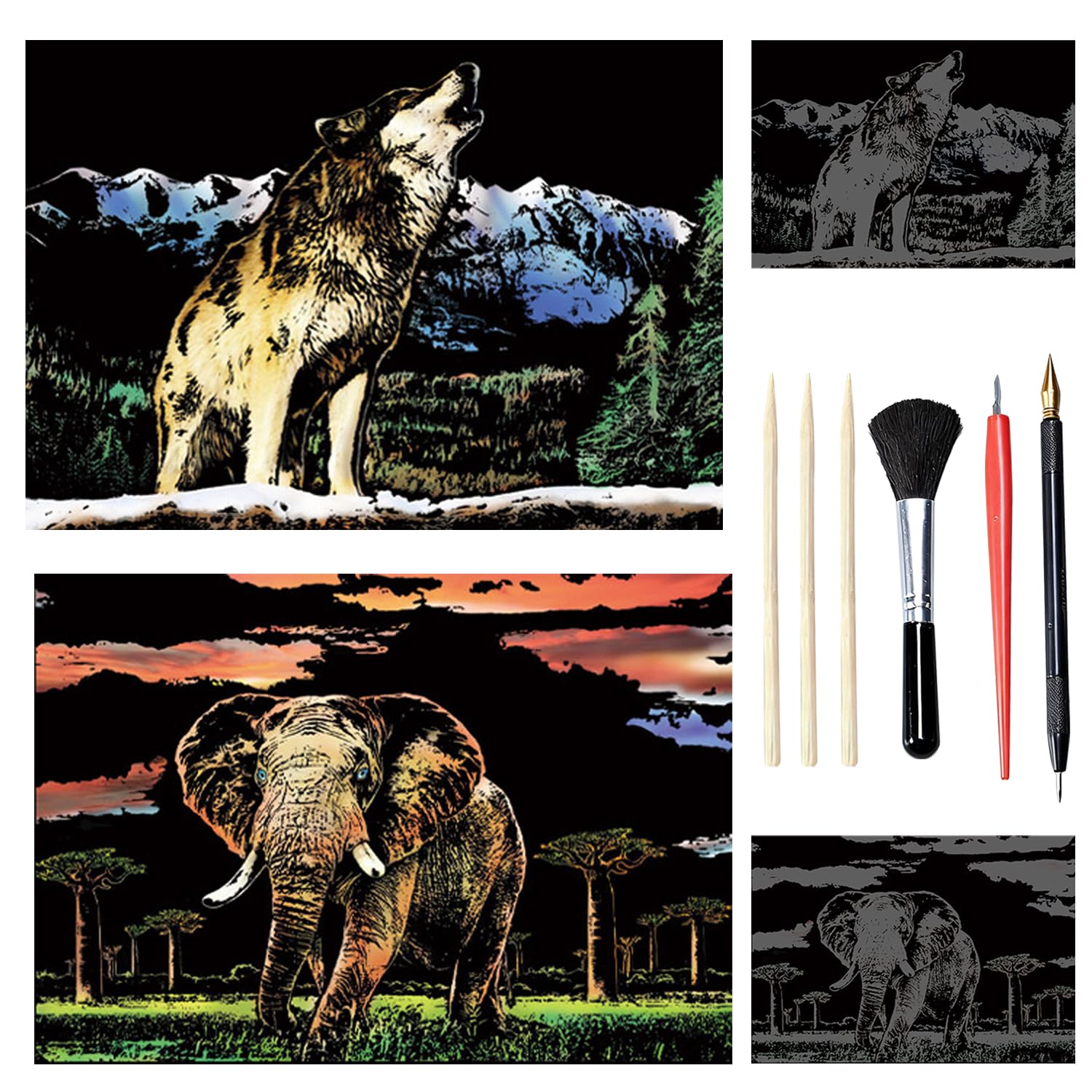 HIVTE 2 Pcs Scratch Art for Adults & Kids, DIY Animal Series Foil Engraving Crafts with Tools (A3-Elephant & Wolf)