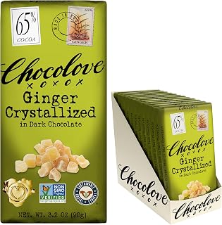 Chocolove Ginger Dark Chocolate Bars | 65% Cocoa | Infused with Crystalized Ginger Bits | Crafted with Premium Chocolate | Non GMO, Rainforest Alliance Certified, 3.2oz Bar (12 Pack)