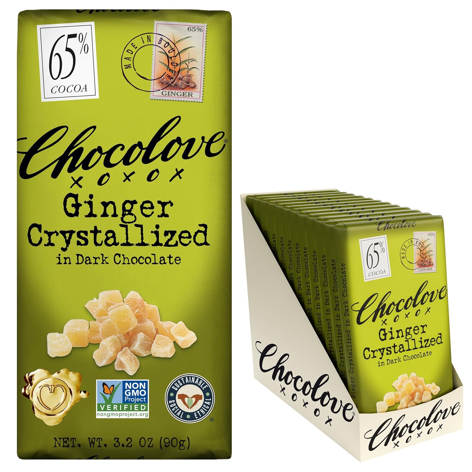Chocolove Ginger Dark Chocolate Bars | 65% Cocoa | Infused with Crystalized Ginger Bits | Crafted with Premium Belgian Chocolate | Non GMO, Rainforest Alliance Certified, 3.2oz Bar (12 Pack)