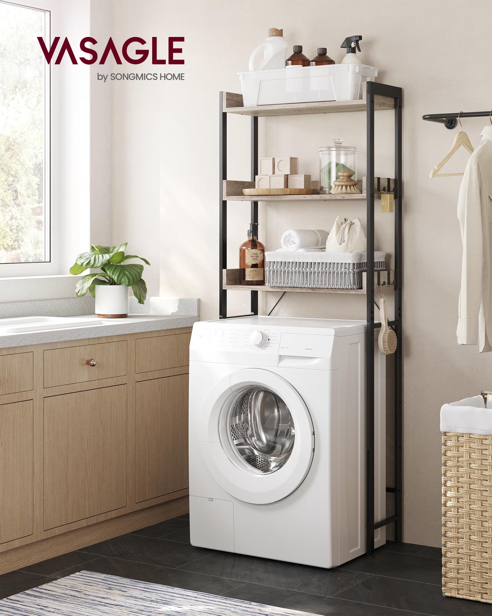 VASAGLE Scaffale sopra WC e Water con 3 Ripiani, Scaffale da Bagno Salvaspazio, Montaggio Facile, Portaoggetti per Gabinetto Lavatrice, Stile Industriale, Greige e Nero BTS002B02