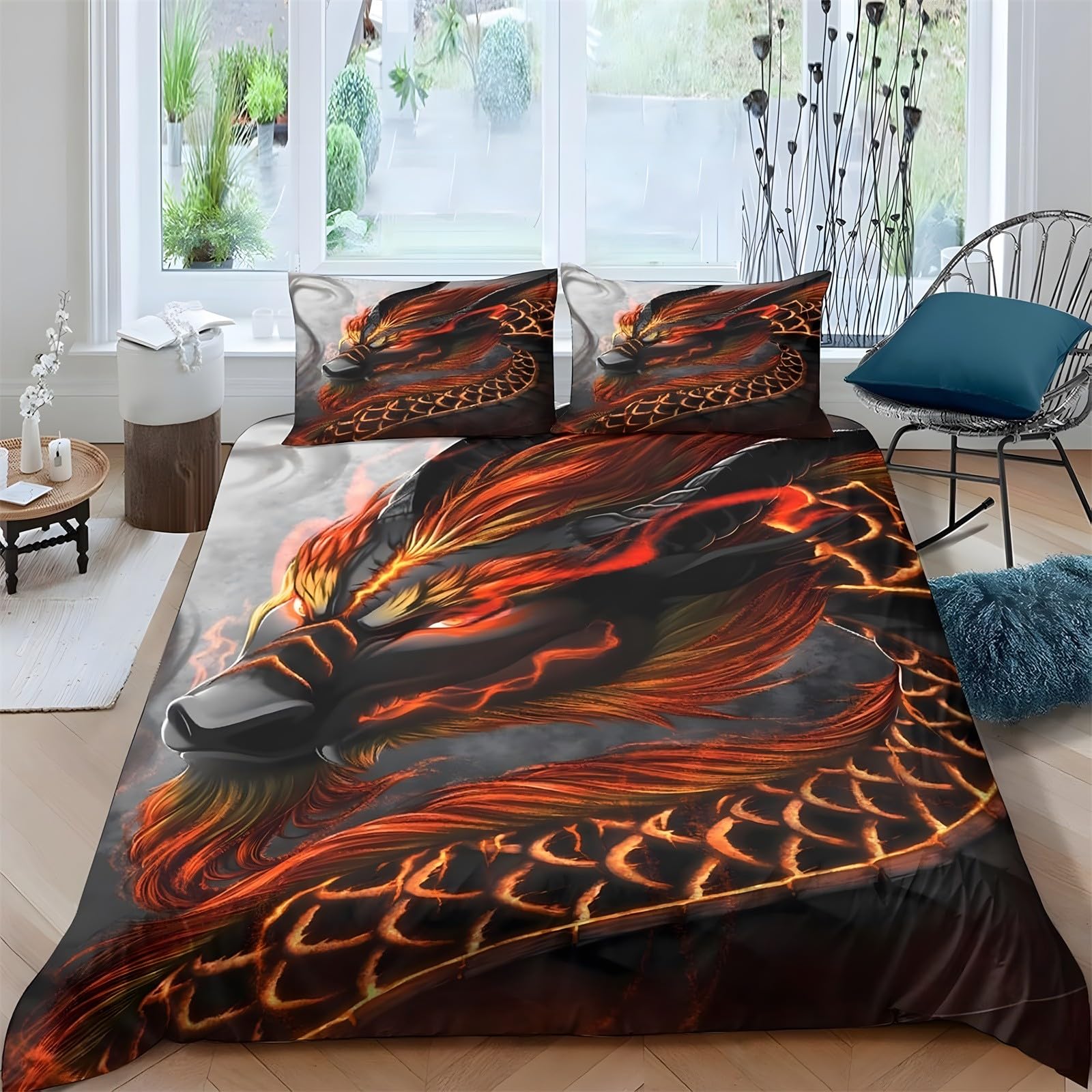 Ypthriline Double Bedding Set Fire Dragons Bedding Set Microfiber Dark/Gothic Duvet Covers with Pillowcases Reversible Bedding With Zipper Closure 200x200CM