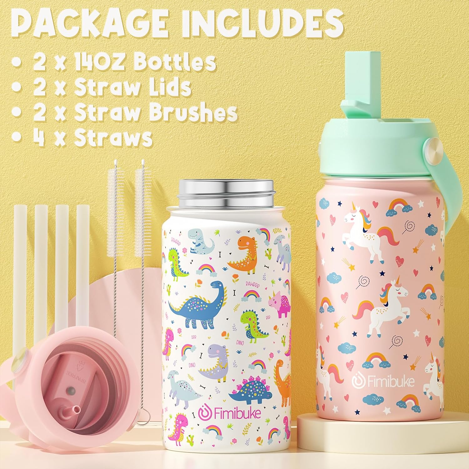 Fimibuke Kids Insulated Water Bottle, 14oz BPA FREE Double Wall Vacuum Tumbler 18/8 Stainless Steel Leak Proof Kids Cups with Straw Metal Bottle for School Boy Girl (2 Pack, UNICORN/WHITE DINOSAUR) - Image 6