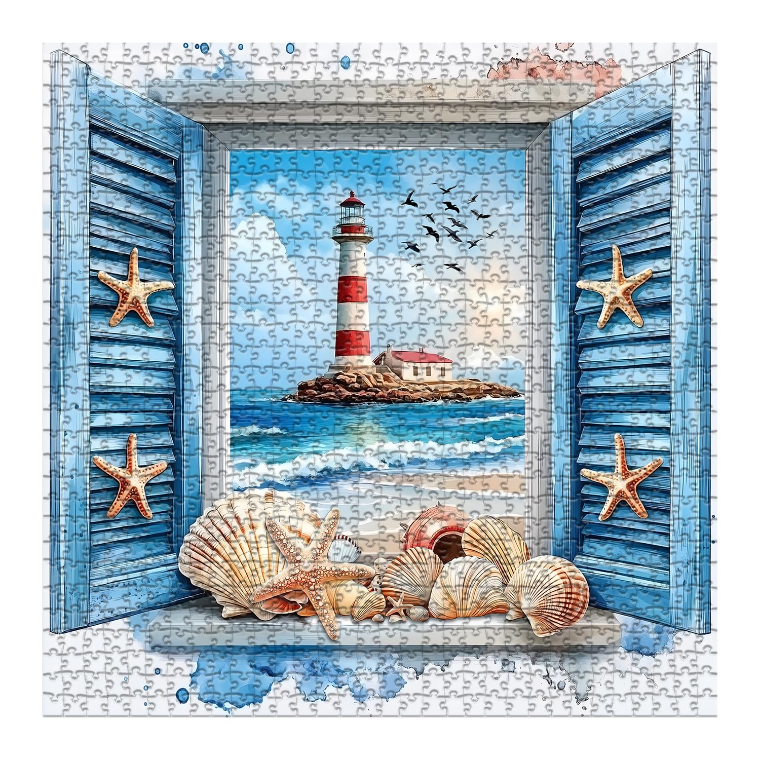 PICKFORU Beach Puzzles for Adults 1000 Pieces, 3D Window Art Lighthouse Puzzles Seashell, Unique Ocean Jigsaw Puzzles 1000 Pieces Painting, Nature Challenge for Adults - Image 2