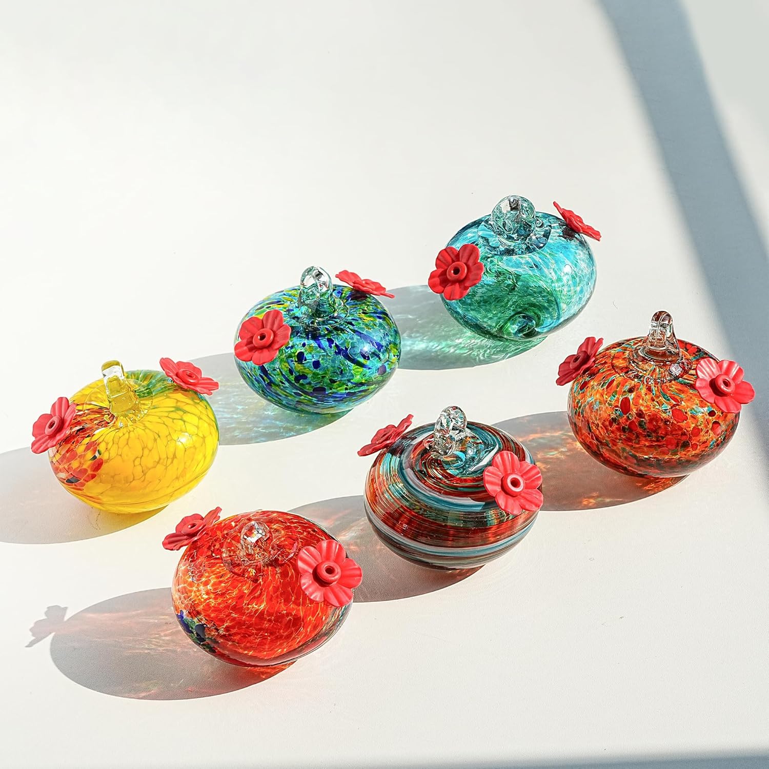 kanpura 6 PCS Hummingbird Feeders for Outdoors Hand Blown Glass Hummingbird Feeder with 2 Flower Feeding Ports Never Fade, Gardening Gifts for Woman Man