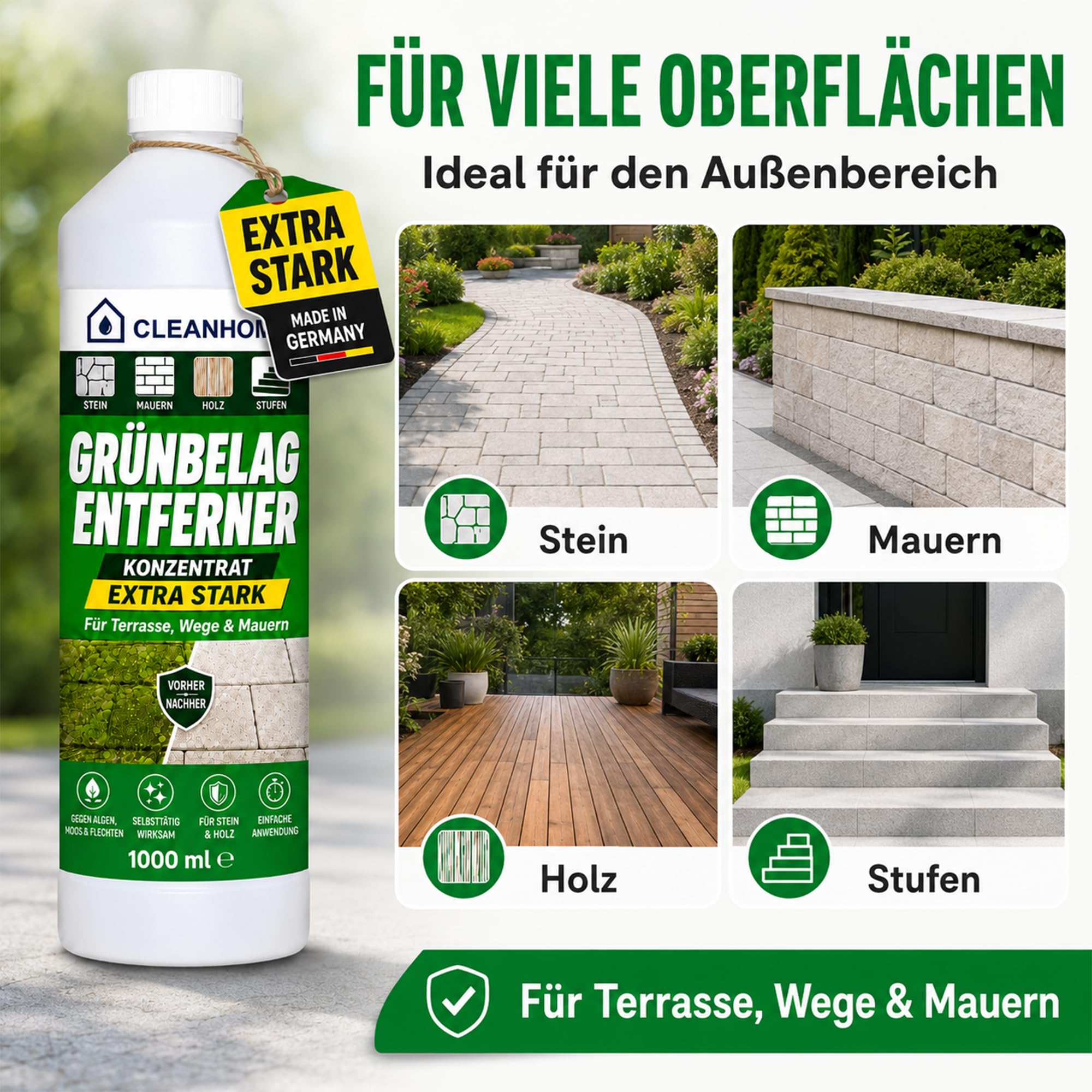 CLEANHOME Grünbelag Entferner Konzentrat 5 Liter – extra starker Grünbelagentferner gegen Algen, Moos & Flechten | selbsttätiger Steinreiniger außen für Terrasse, Wege, Mauern & Holz