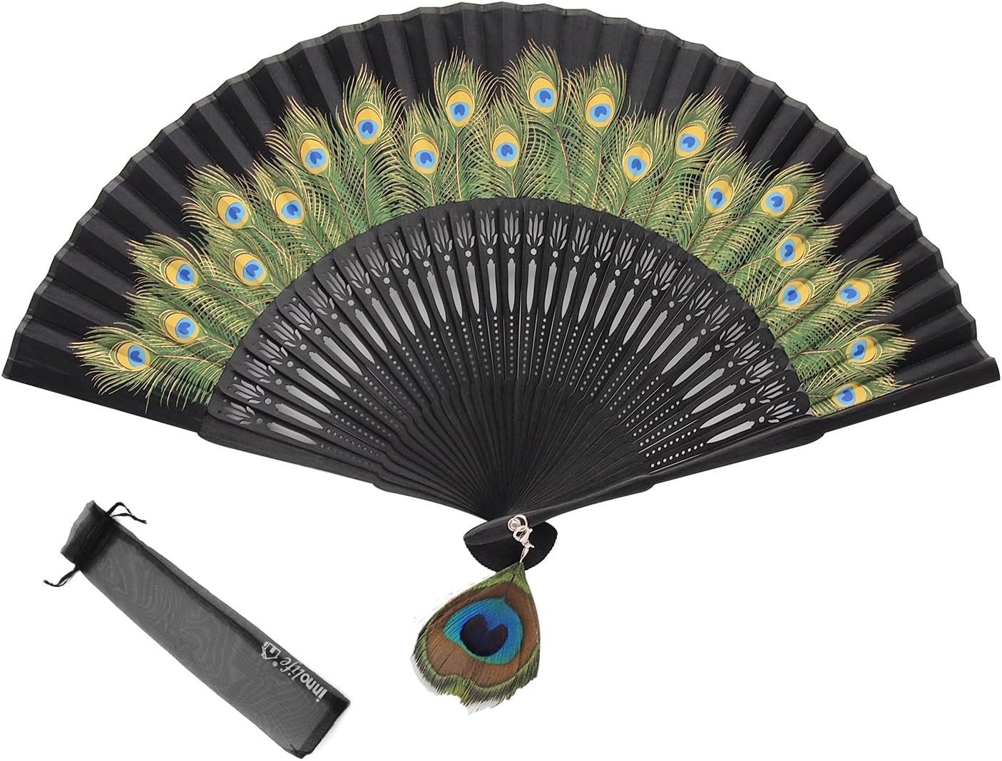 Innolife Peacock Chinese/Japanese Hand Folding Fan Bamboo Carved Frame Silk Craft Fan (Black)