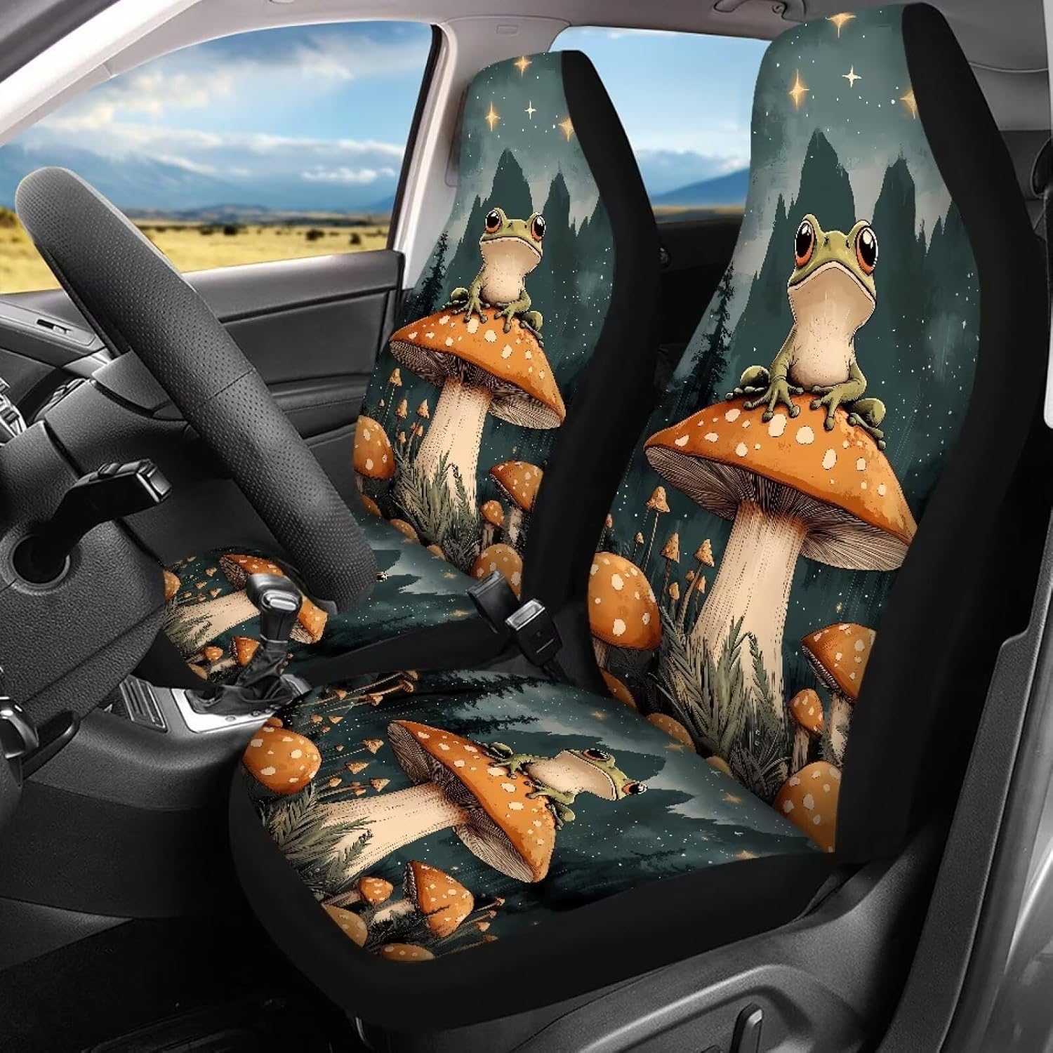 Front Seat Covers and Rear Bench Seat Cushion for Car, Frog Mushroom Star 4 pcs Seat Protector Full Set, Elastic Auto Interior Decor Accessories, Protect Your Leather & Cloth Car Seats