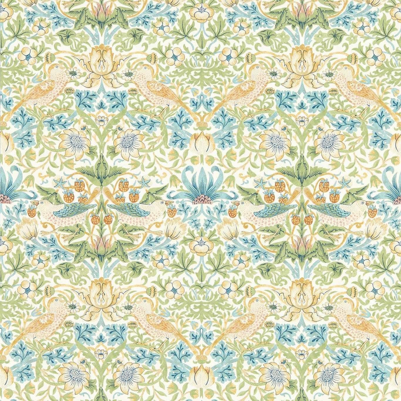 Yöl Apple/Blush Strawberry Thief Wallpaper - Green, White - Floral Birds Flowers - Classic Paste The Wall Non-Woven