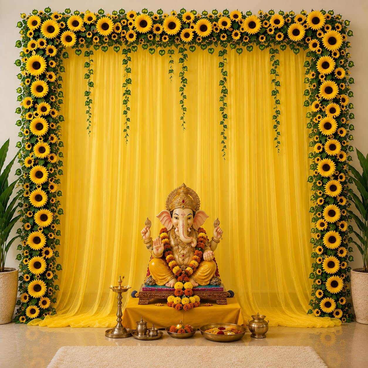 Party Propz Backdrop Curtain for Ganpati Decoration Setup for Home - 46pcs, Varalakshmi Decorative Items Set, Janmashtami Decoration Items, Haldi Ceremonies, Sunflower Artificial Flowers with Vines.-image-32