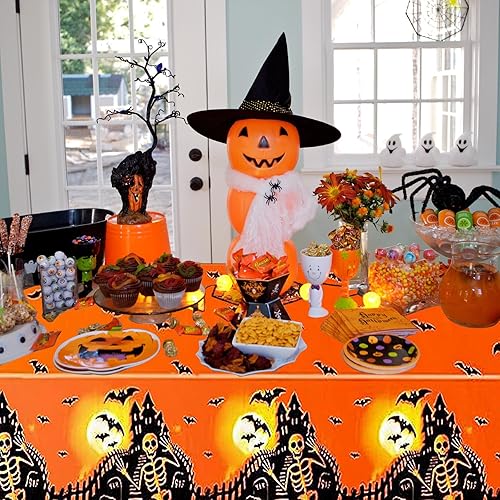 Miniatura 5 de Paquete de 4 manteles de Halloween, decoraciones de Halloween, manteles desechables para decoraciones de fiesta de Halloween, 54 x 108 pulgadas,