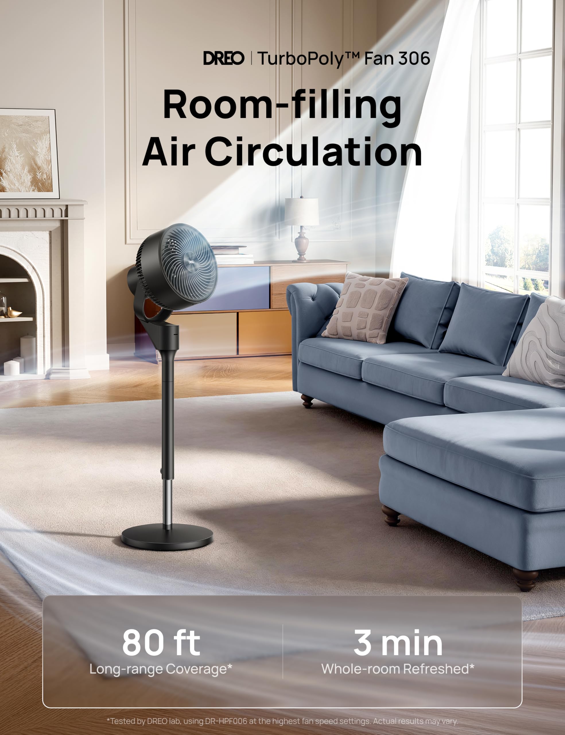 DREO Ventilatore a Piantana Silenzioso 25dB, Oscillazione Orizzontale Automatica 80°, 3 Velocità, Portata fino a 24m, Potente con Telecomando, Inclinazione Verticale Manuale 90°, Timer 6 Ore