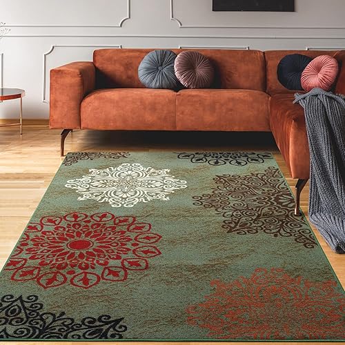 Antep Rugs Alfombras modernas florales 4 x 6 pies antideslizantes (antideslizante) de perfil bajo con parte trasera de goma para interiores (verde,