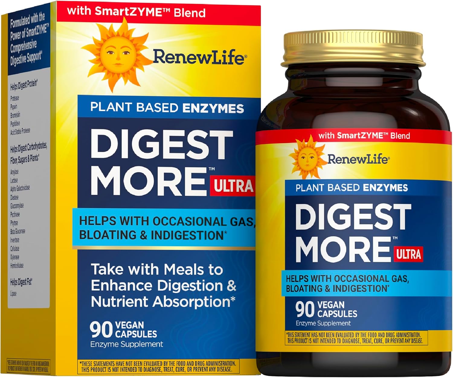Renew Life Adult DigestMore Ultra Enzymes - Ultra-Strength Plant-Based Digestive Enzyme Formula for Men & Women - 90 Vegetarian Capsules