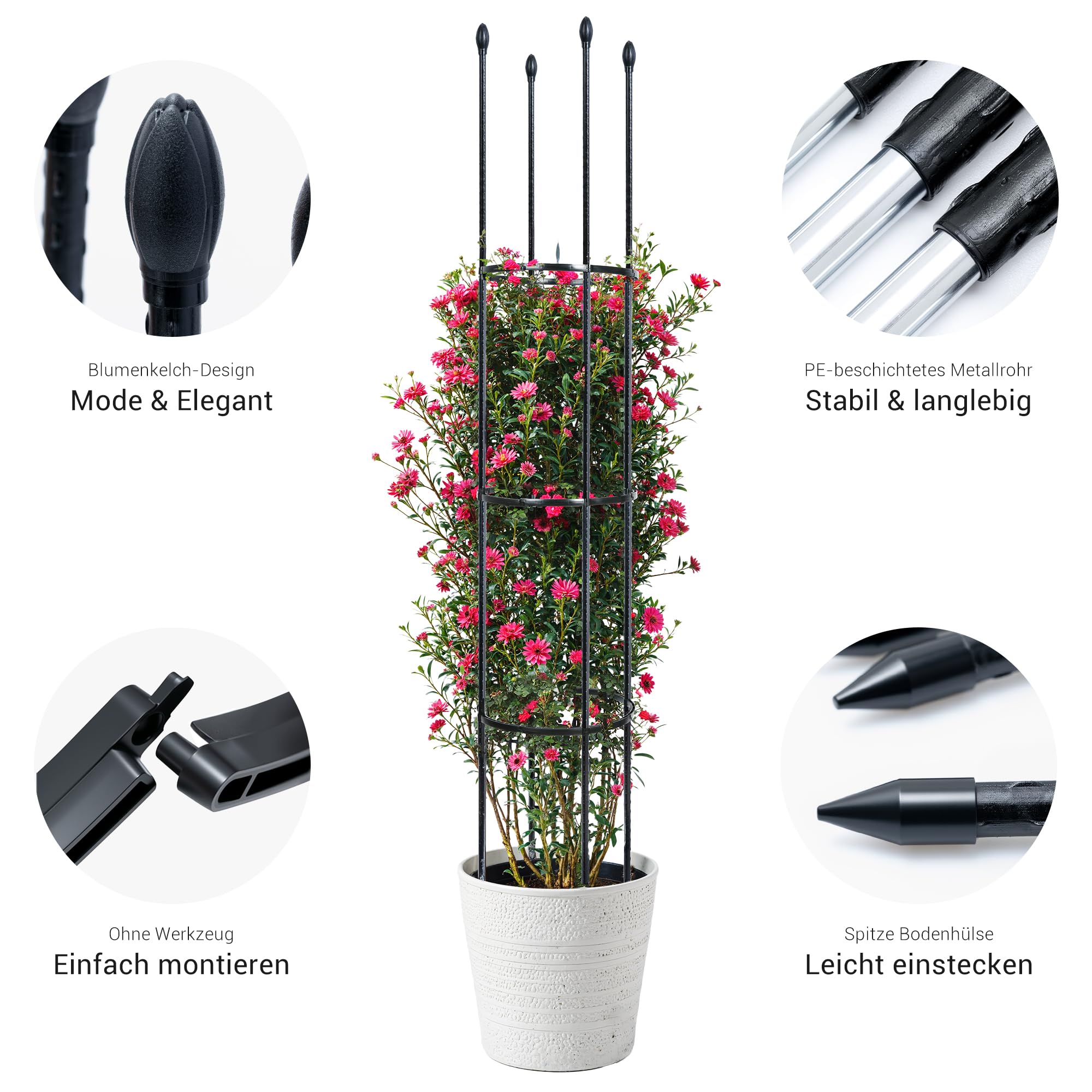 ThxToms 2 supporti per piante rampicanti in metallo, 160 cm, con 30 clip per piante, per pomodori, obelisco, traliccio per rampicanti, piante rampicanti, pomodori, rose, fiori