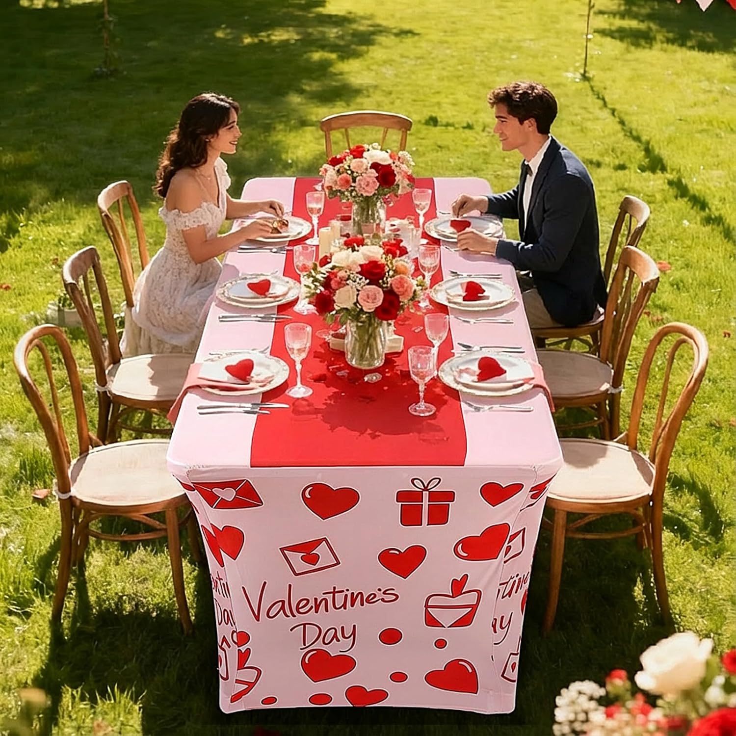 Oudain 2 Pcs Valentine's Day Stretch Table Cover 6 Feet Red Heart Valentine's Day Spandex Table Clothes Sport Theme Party Decorations for Holiday Party Celebration Picnic Dinner Decor