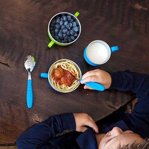 Miniatura 5 de Innobaby Din Din Smart EZ Grip Cuchara y tenedor con funda de transporte, juego de utensilios para niños y niños pequeños, sin BPA (azul)