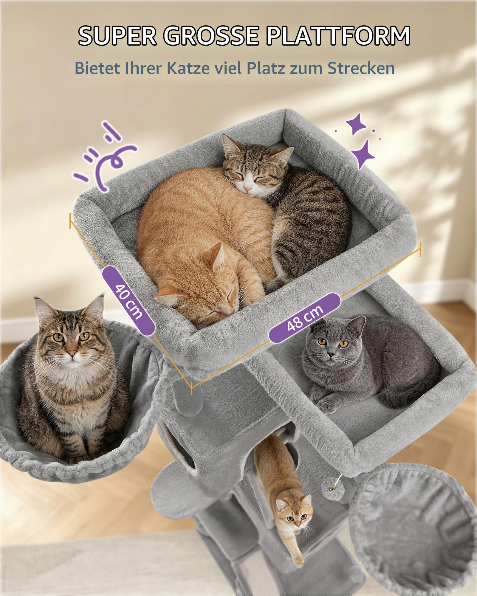 Hzuaneri Kratzbaum Groß, 209 cm Hoch, XXL, mit 7 Kratzsäulen, 3 Höhlen, 2 Plattformen, 2 Kratzbrett, Katzenkorb, Hängematte, Plüschball, Mehrstufigem Katzenbaum, Hellgrau MS20918LG