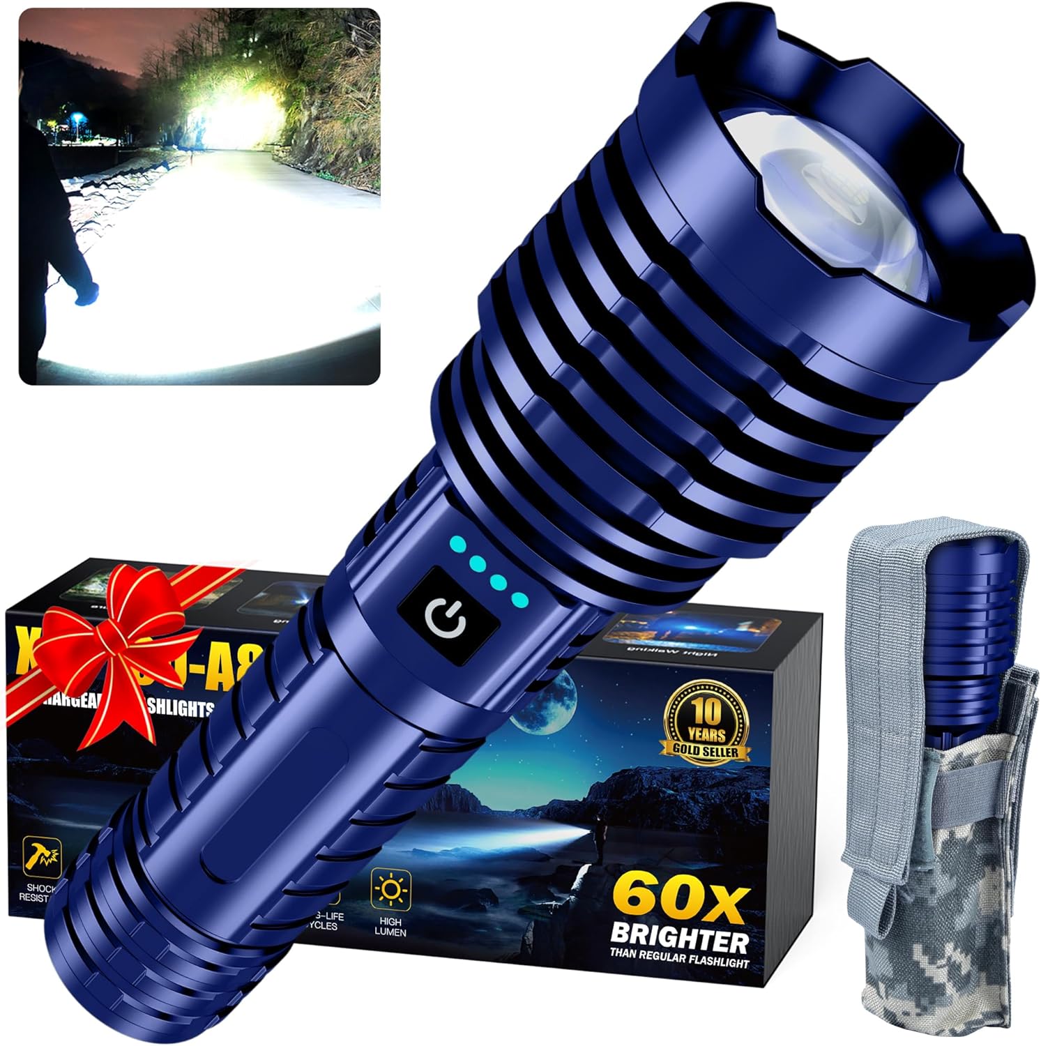 Super Bright Rechargeable LED Flashlights, 2500,000 True High Lumens, Powerful Tactical Flashlight Up to 25H Long Battery Life |Zoomable|5Light Modes|IP67 Water Resistant for Camping (Blue)