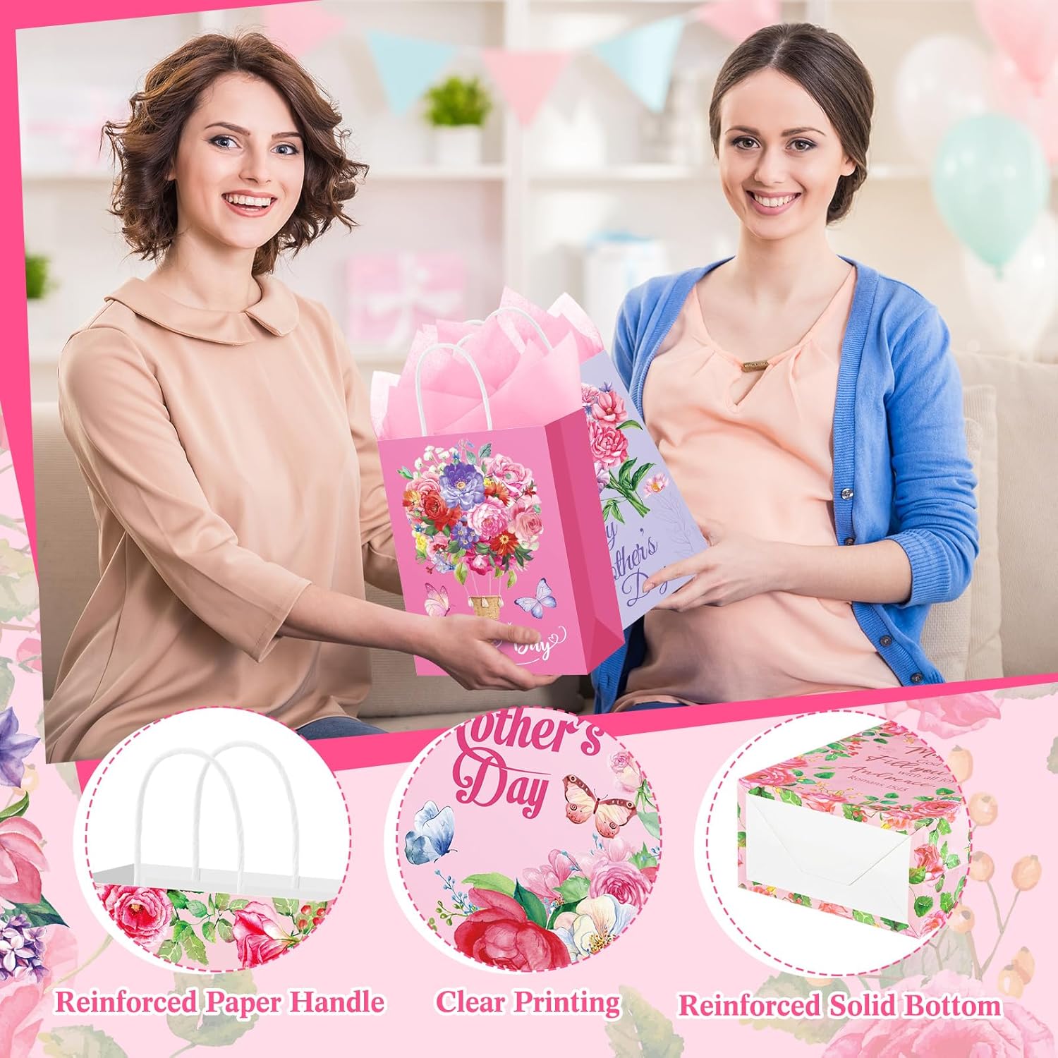Kolldenn 48 Pcs Mother's Day Paper Bags Bulk Floral Happy Mothers Day Tissue Papers Floral Bags with Handle for Mom Grandma Wife Gift Wrapping Supplies