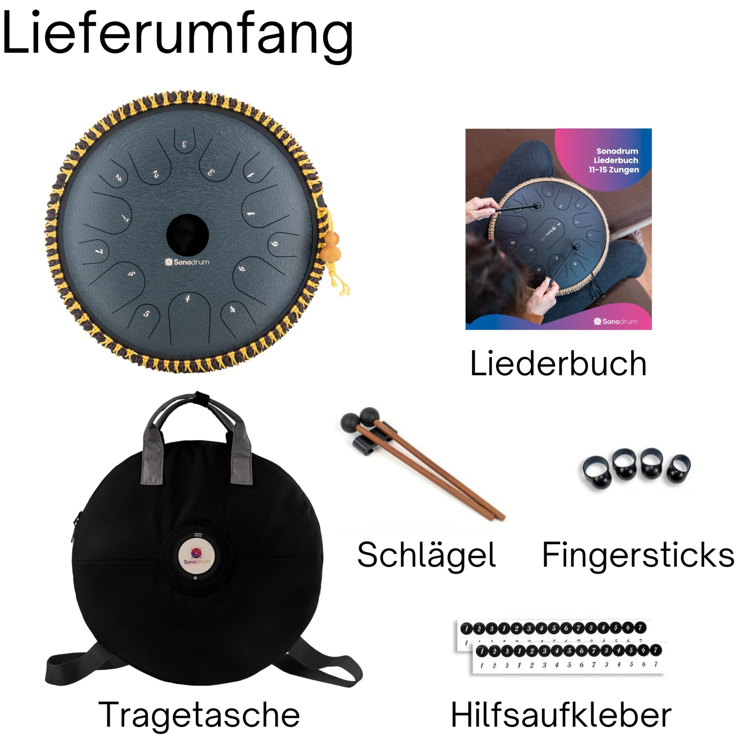 Zungentrommel "Exclusive" C-Dur in Dunkelblau - 38 cm groß mit 14 Tönen. Steel Tongue Drum inkl. Liederbuch, Schlägel, Fingersticks und Tragetasche. Notenlesen nicht nötig, einfach zu spielen