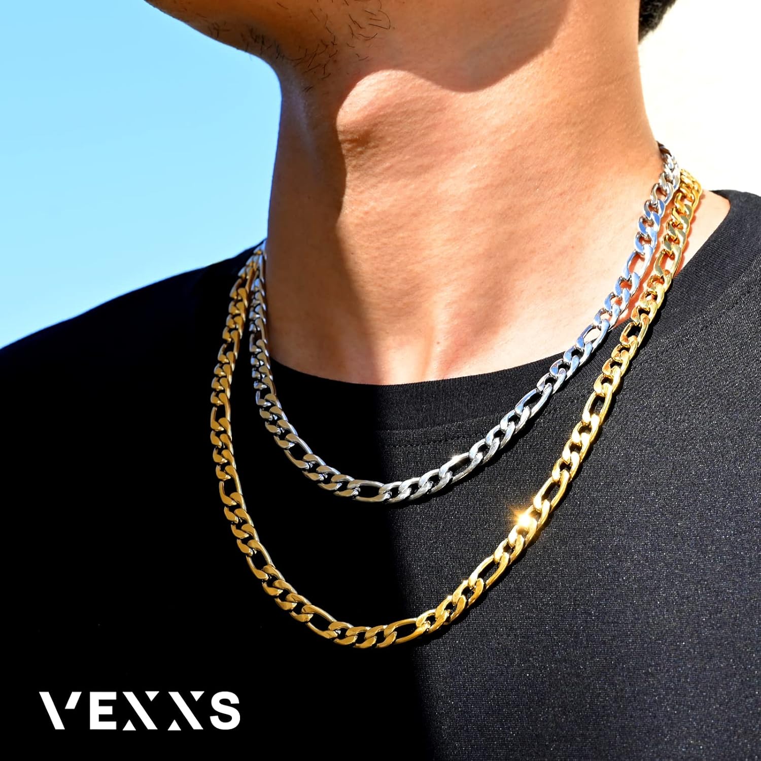 VEXXS Figaro Chain, 18K Real Gold Plated Figaro Cuban Link Chain for Men, Durable No Color Fading Figaro Gold Chain 6mm 8mm Men’s Gold Chain Necklace