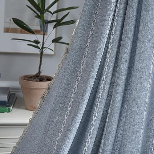 Miniatura 6 de Cortinas de lino azul pizarra de 84 pulgadas de largo, 2 paneles, bolsillo para barra, estilo granja, bordado blanco, a rayas, de algodón, para