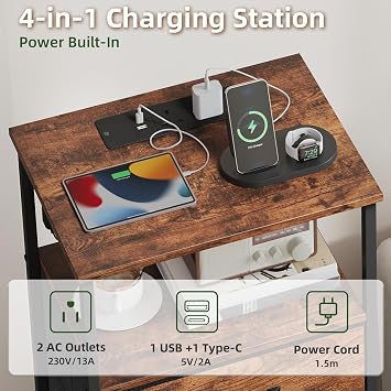 Somdot Bedside Table, Charging Station & LED, 2 Drawers, Brown