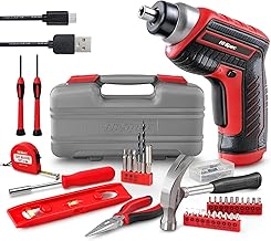 Hi-Spec 35-tlg Rotes Heimwerker-Werkzeugset mit wiederaufladbarem USB-Akkuschrauber, werkzeugkoffer klein, Gefüllt mit Akkubohrer, Bohrmaschine, Hammer und schraubendreher elektrisch.