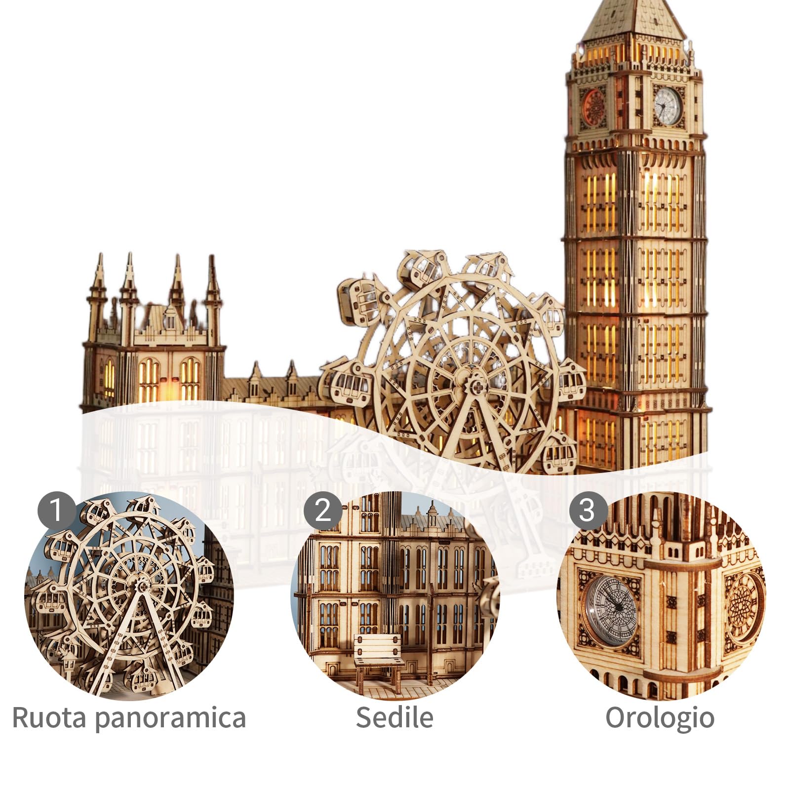 Puzzle 3D Big Ben Kit Modellismo - In Legno Con London Eye E 3 Modalità Di Luce, Passatempo Per Adulti, Bricolage Adulti, Puzzle in Legno Per Adulti, Regalo Speciale Per Compleanno