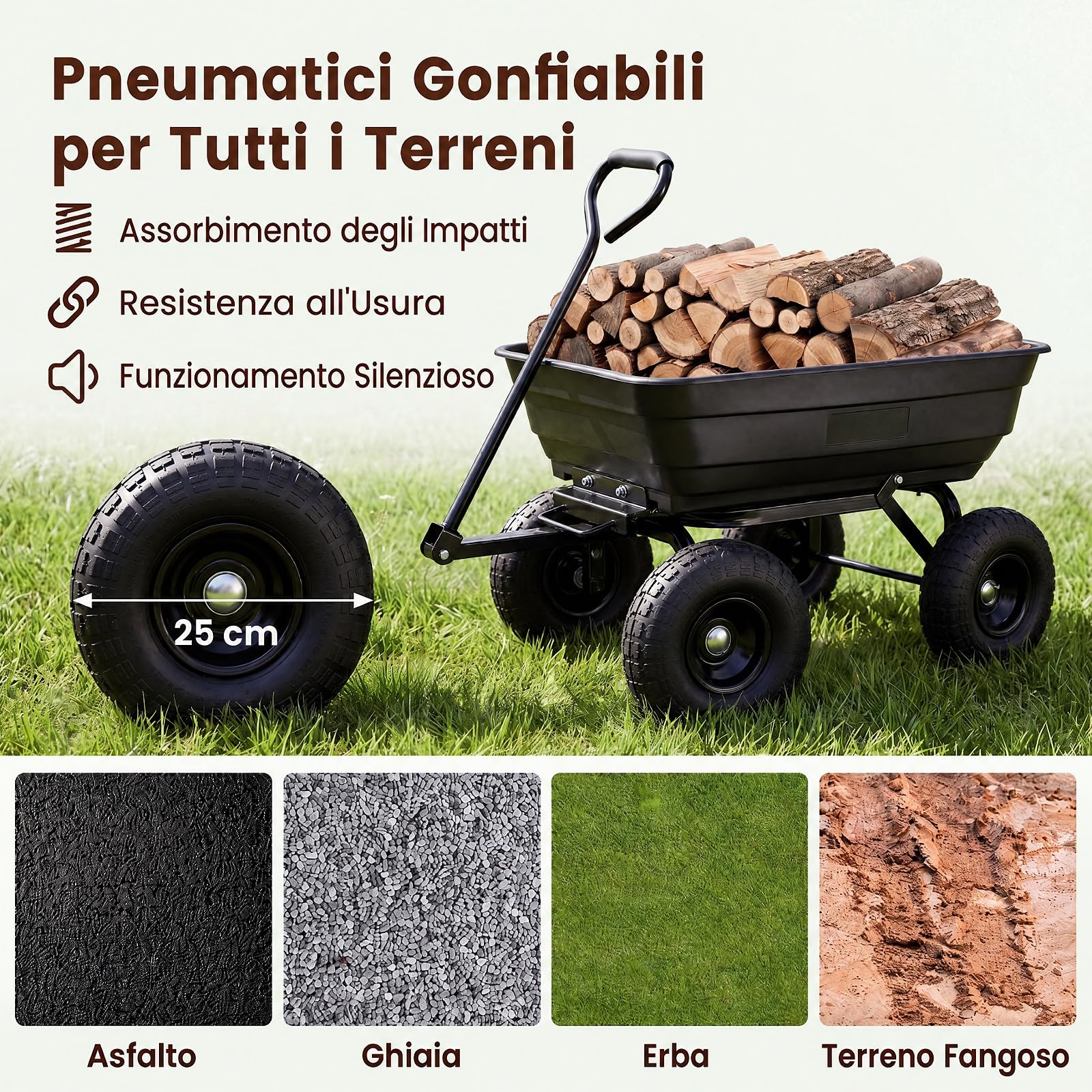 GYMAX Carrello da Giardino Ribaltabile 75 L, Portata 300 kg