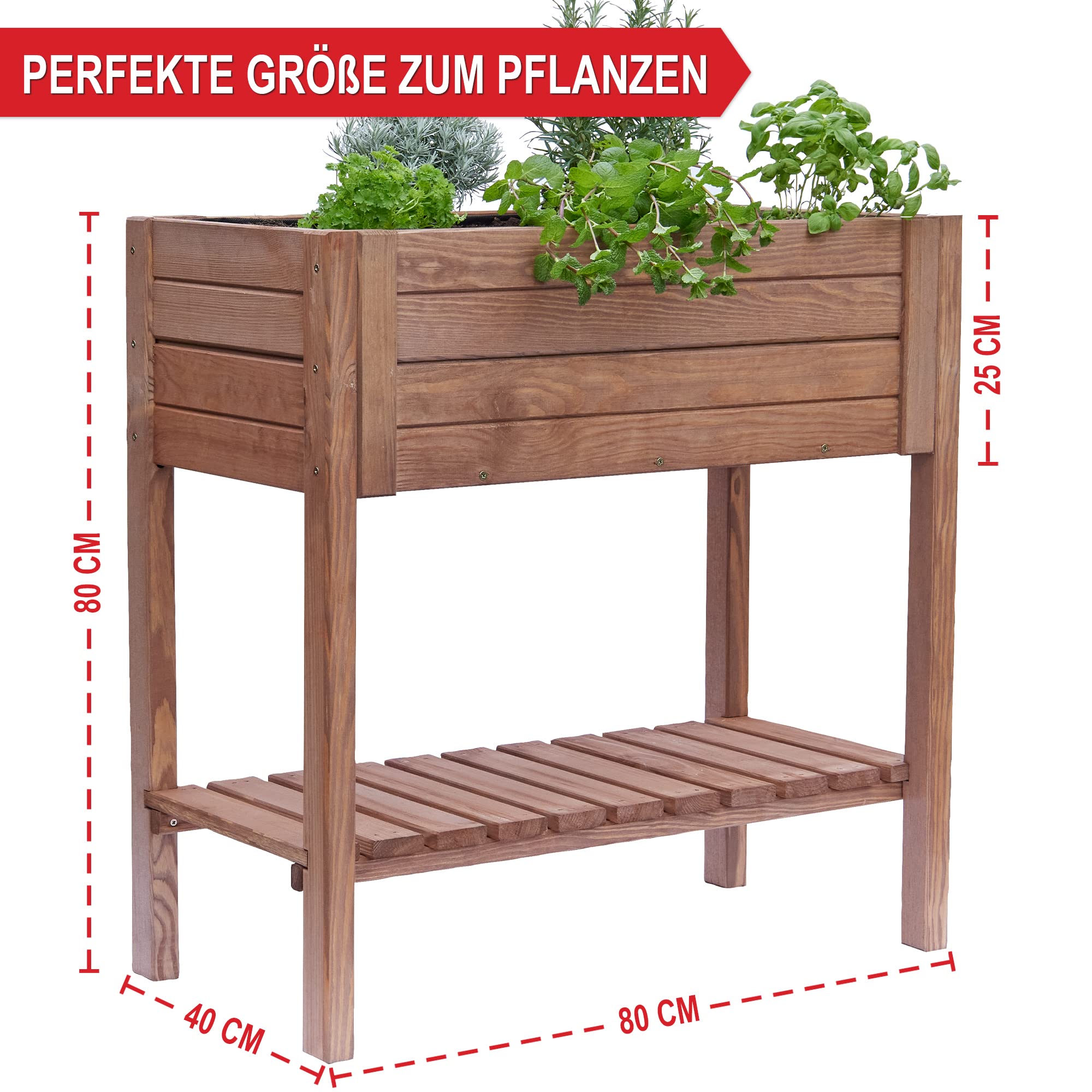 Onbest Premium Hochbeet – aus hochwertigem Holz – perfekt für Garten/Terrasse/Balkon – mit Stabiler Ablage und Innenvlies – Kräuterhochbeet 80 cm hoch, 80 cm lang – Pflanztisch – Hochbeete