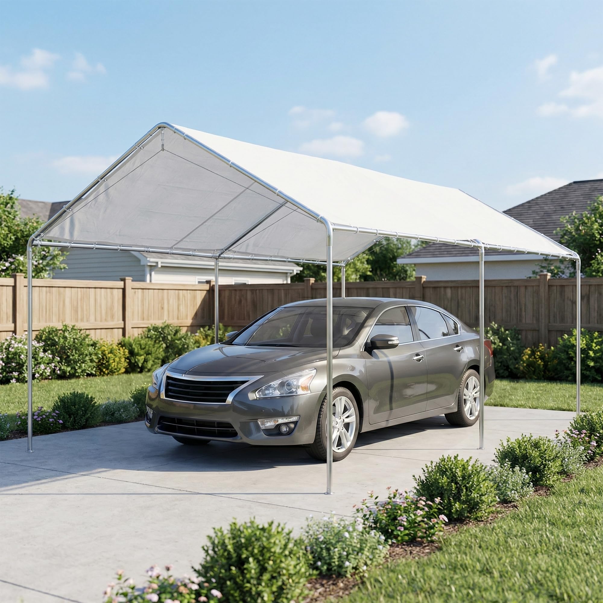 Outsunny Gazebo Copertura per Auto 6x3m Acciaio Zincato Bianco