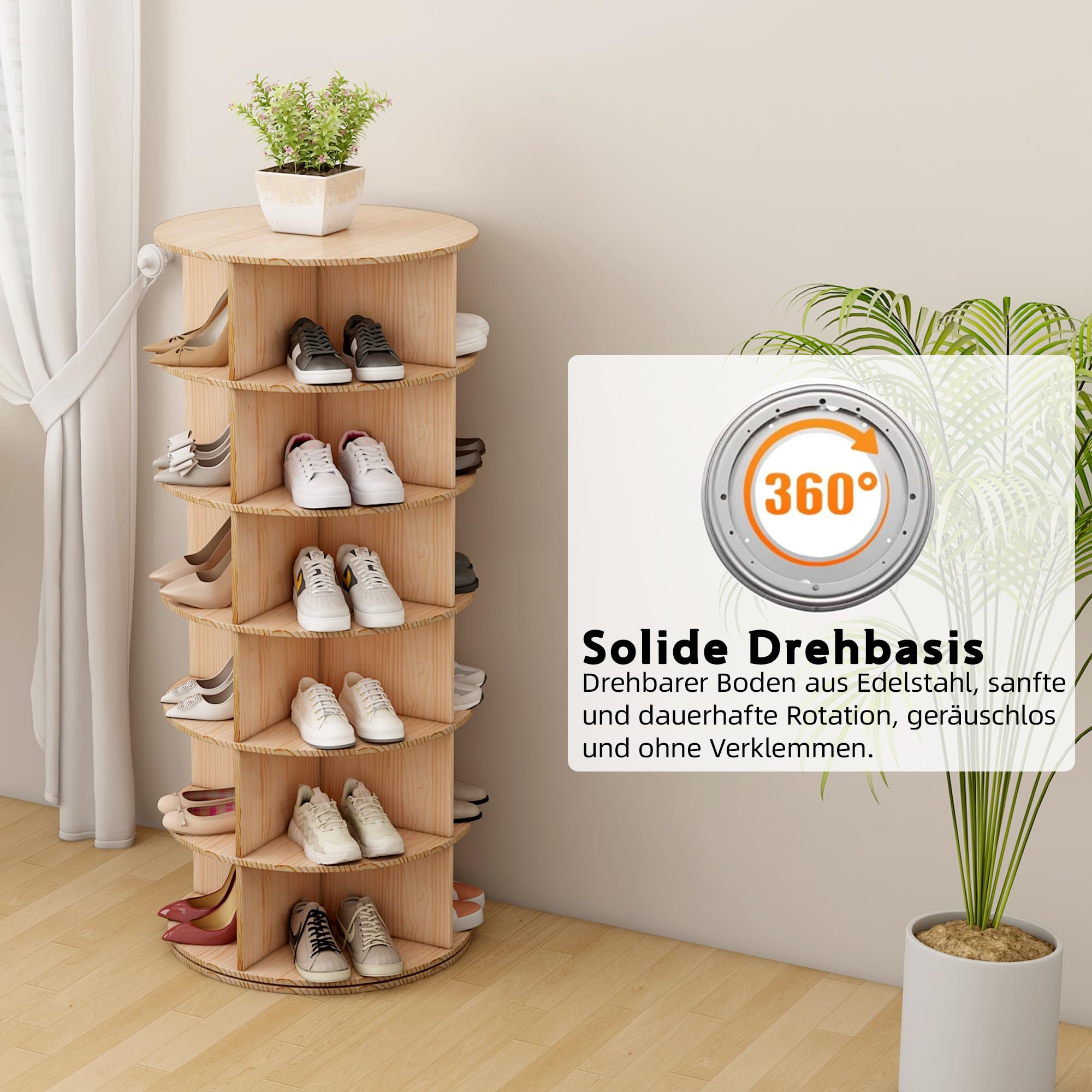 Zapatero Giratorio de 6 Niveles, Schuhregal aus Massivholz, 24 Pares de Zapatos, 113 cm Estantería Multiusos para Entrada, Vestíbulo, Sala de Estar, Dormitorio