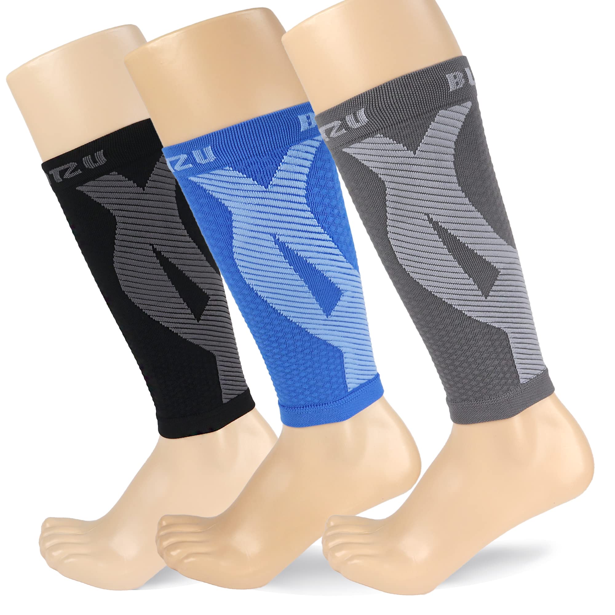 BLITZU3 Pairs Calf Compression Sleeves for Women and Men Size L-XL, One Grey, One Black, One Blue Calf Sleeve, Leg Compression Sleeve for Calf Pain and Shin Splints. Footless Compression Socks.