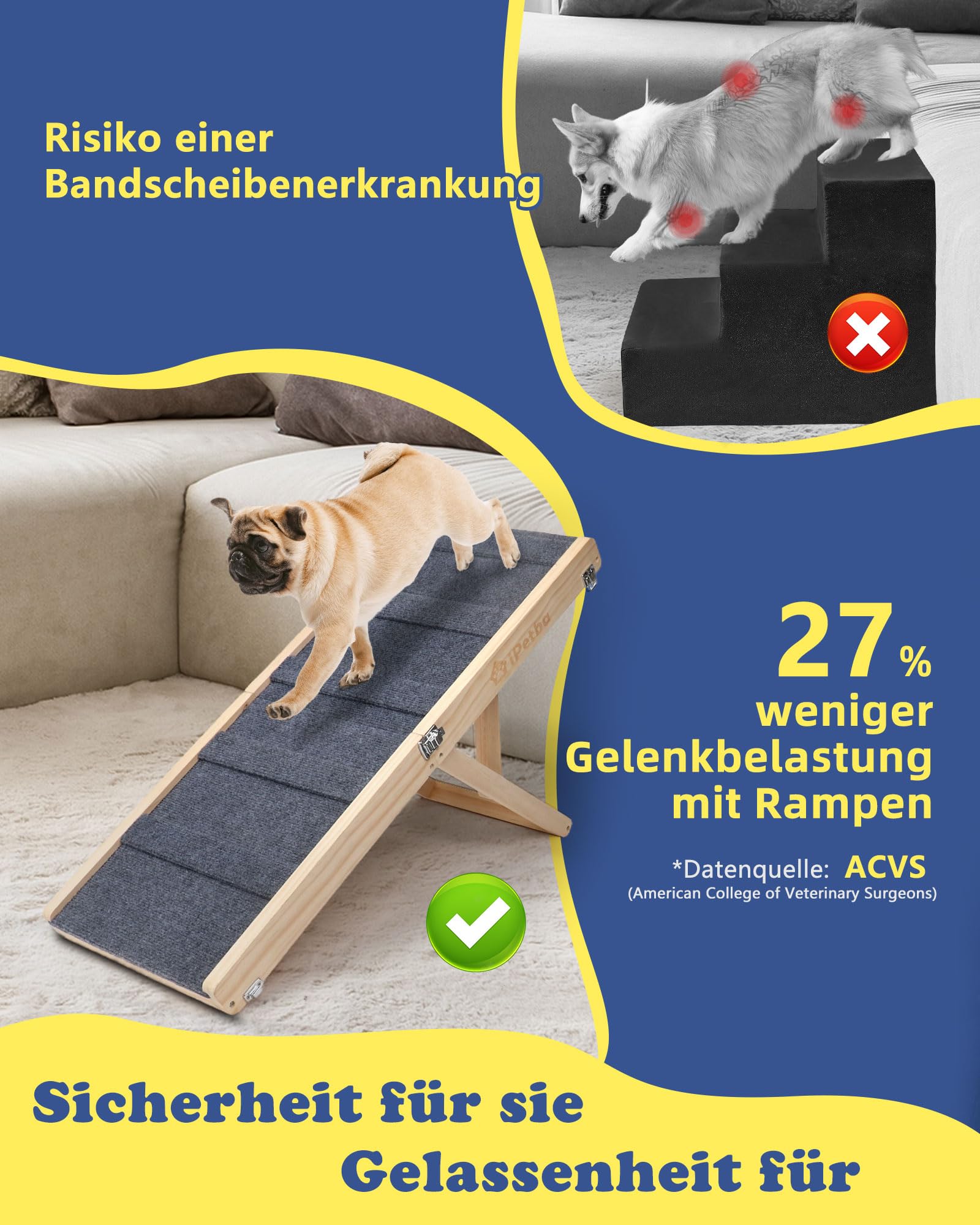 Hunderampe für Sofa und kleine Hunde bis 16 kg, Rampe für Couch und niedrige Möbel, aus Holz, höhenverstellbar, klappbar, rutschfest