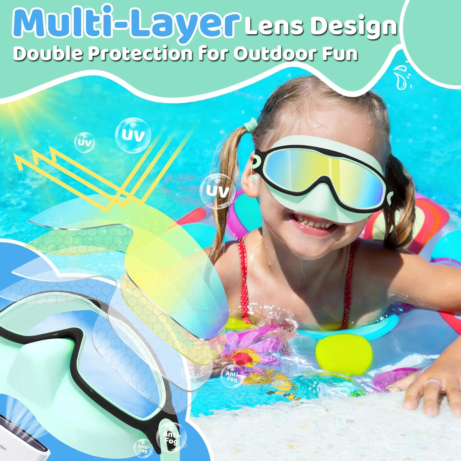 Vvinca Kids Swim Goggles with Nose Cover & Attached Earplugs, Anti-Fog Wide View Swimming Goggles for Boys Girls 3-12