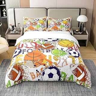 Cartoon Balls 100% Cotton Duvet Cover Cute Basketball Football Colorful Graffiti Bedding Set for Kids Boys Teens ExtremeÂ Sports Style Hippie Comforter Cover with 2 Pillowcases Full Size 3 Pcs