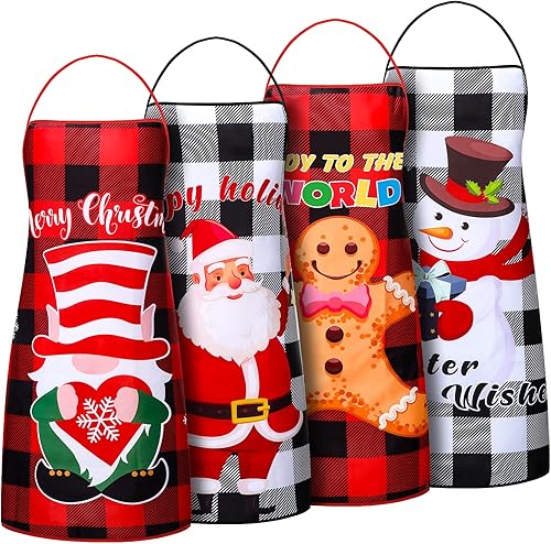 SATINIOR 4 delantales divertidos de Navidad, delantales para hornear y cocinar a cuadros negros, Bonito estilo.