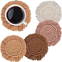 Whaline Boho Macrame Coasters Set of 4 - Handmade Woven Tassel Drink Coasters for Mugs & Cups, Bohemian Table Decor