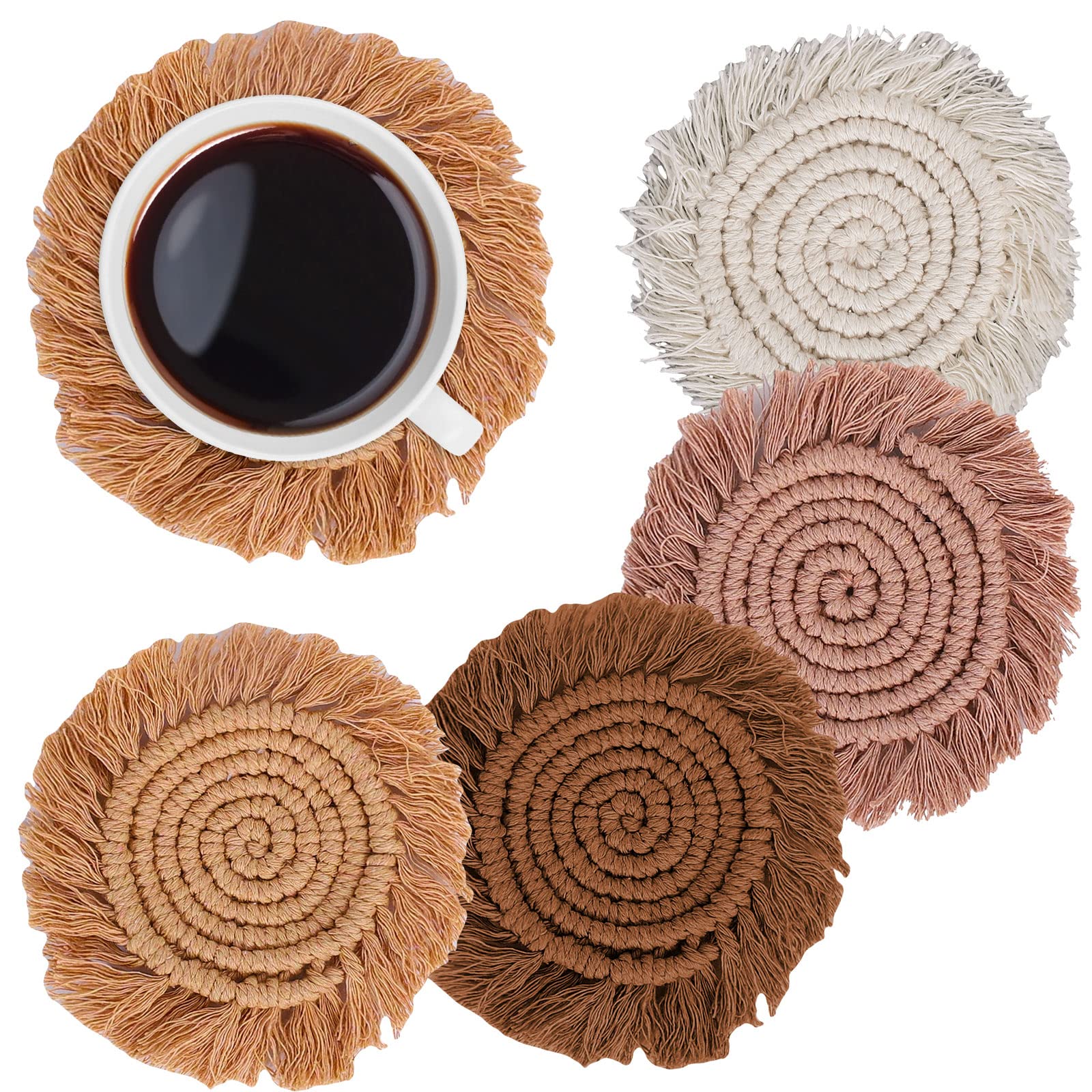 Boho Macrame Coasters Set of 4 Handmade Woven Drink Coaster Bohemian Cup Mat Pad with Tassel for Home Kitchen Office Party Table Decoration