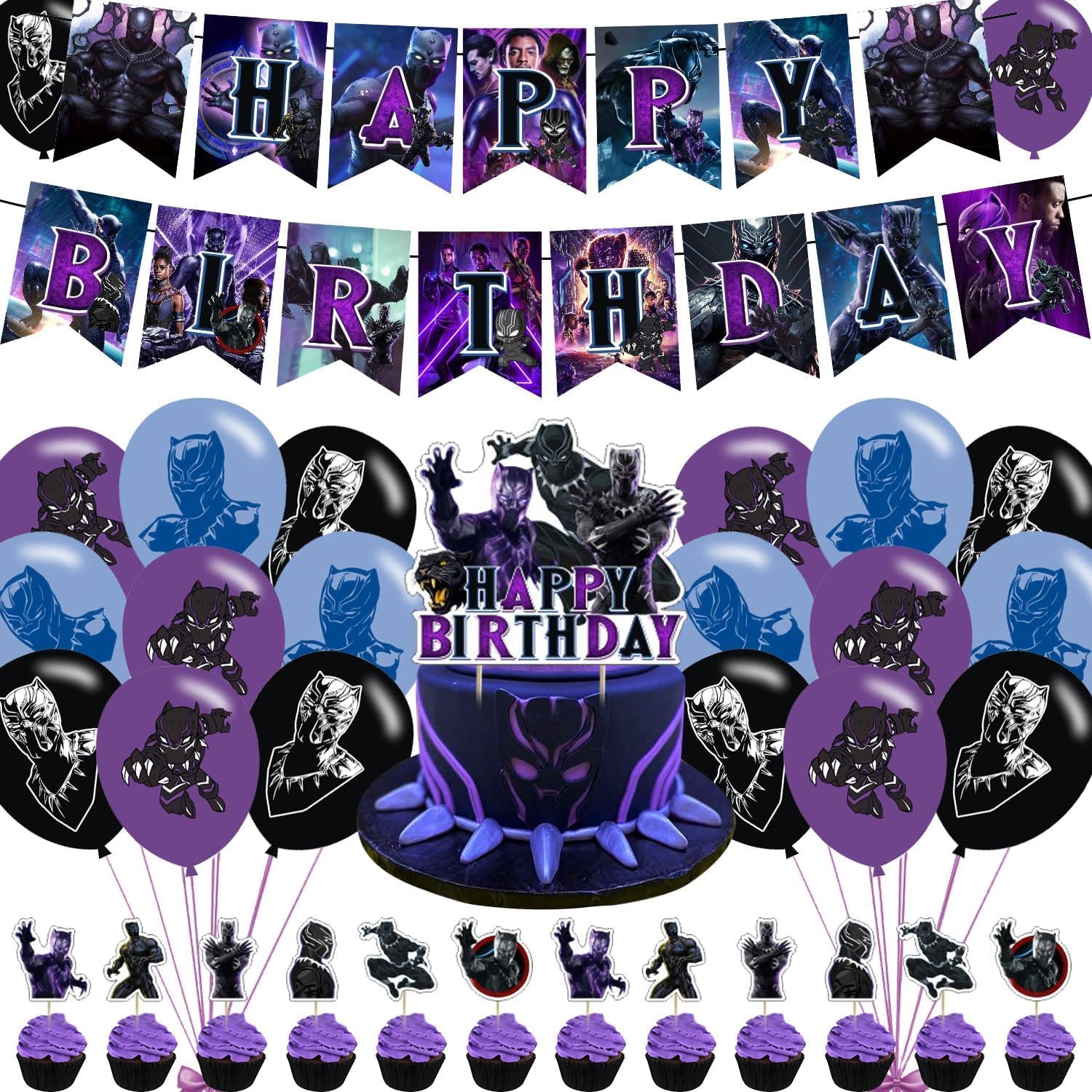 Panther of Black Party Decorations,Panther of Black Birthday Party Supplies Includes Banner - Cake Topper - 12 Cupcake Toppers - 18 Balloons