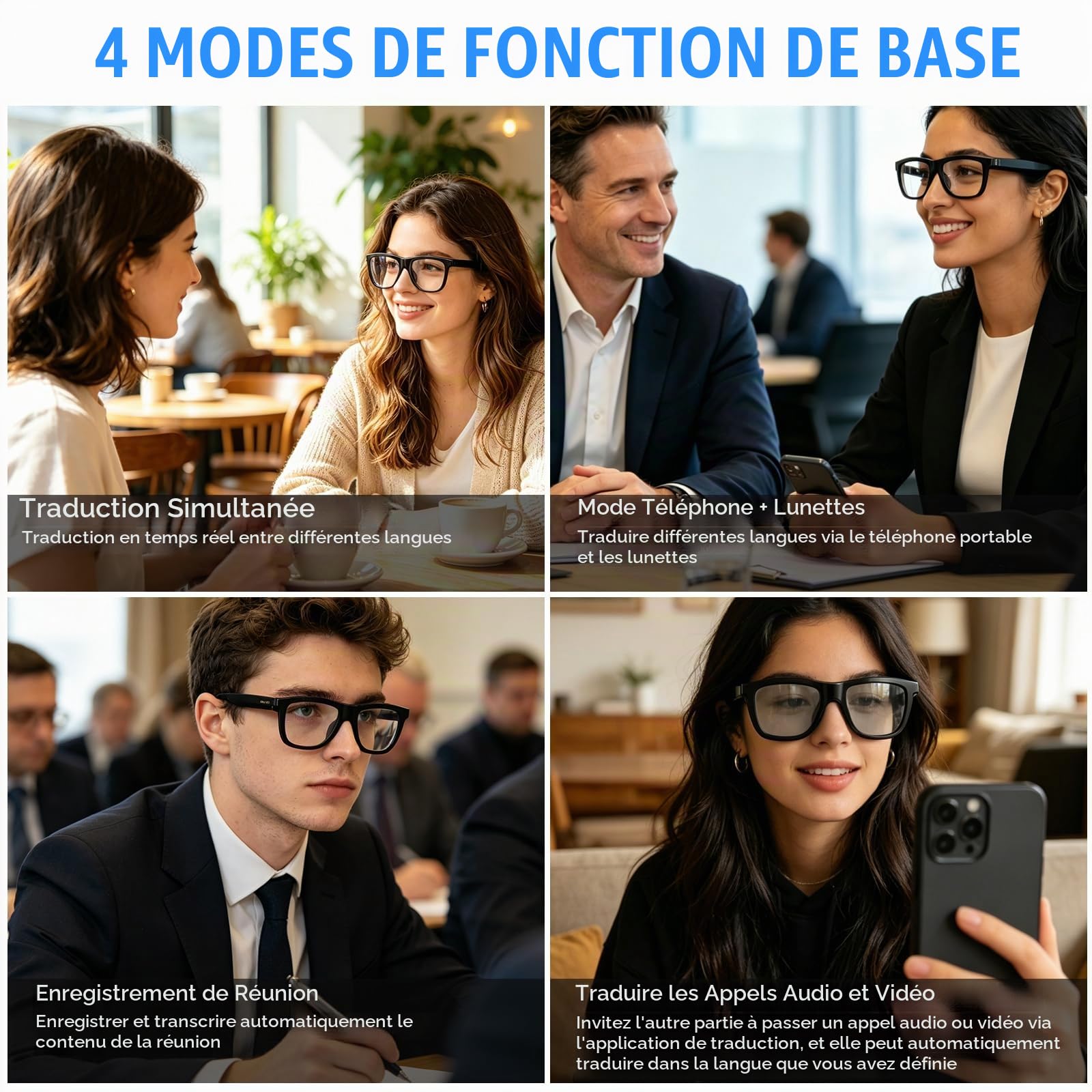 Lunettes intelligentes Bluetooth AI avec plus de 60 langues, lentilles changeantes de couleur, haut-parleur intégré et contrôle de la musique audio Hi-Fi - Traducteur vocal en temps réel pour voyages