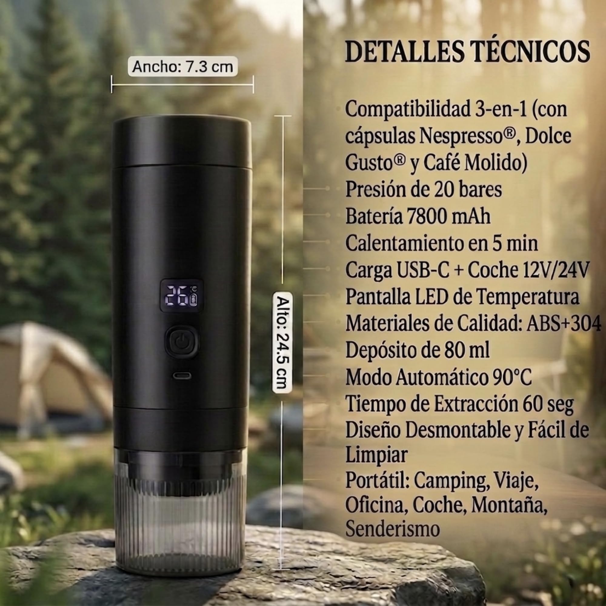 Kit Cafetera Portátil 3 en 1 – Maquina de Espresso 20 Bares Compatible con Cápsulas Nespresso, Dolce Gusto y Café Molido – Cafetera Capsulas Recargable USB-C 7800 mAh de Calentamiento Rápido