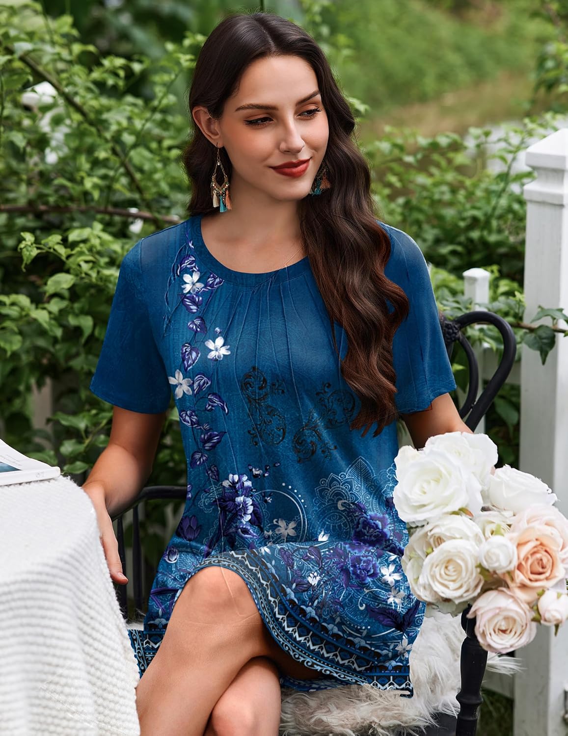 Ekouaer Nightgowns for Women Pleated Nightshirts Short Sleeve Sleepshirts Crew Neck Sleepwear Soft Night Gown Sleepdress - Image 2