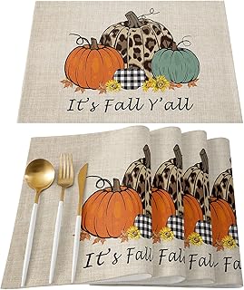 Thanksgiving Day Placemats Set of 6 Harvest Pumpkin Orange Cotton Linen Place Mats Leopard Sunflower It's Fall Y'all Heat Resistant Kitchen Tablemats for Thanksgiving Day Decoration Dinner Party